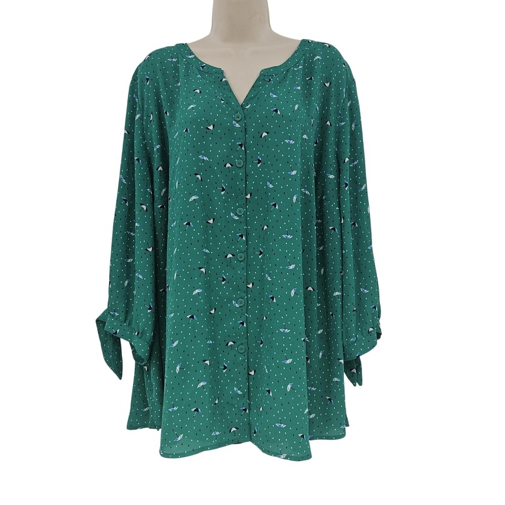 Catherines Shirt Womens 3X 26/28W Green Umbrella Print Button Front Blouse Top